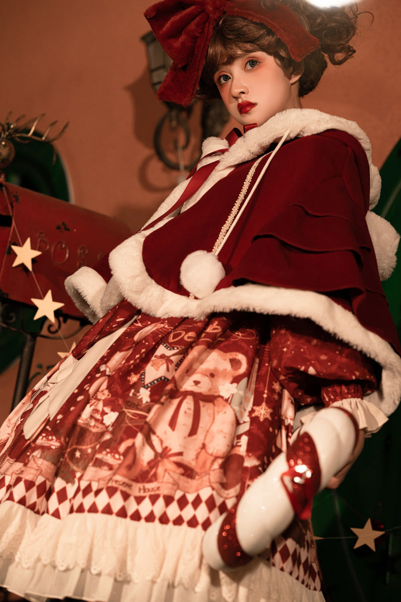 Sweet Bear Christmas Lolita Dress & Cape — Winter Christmas Party Dress, Teddy Print Princess Dress