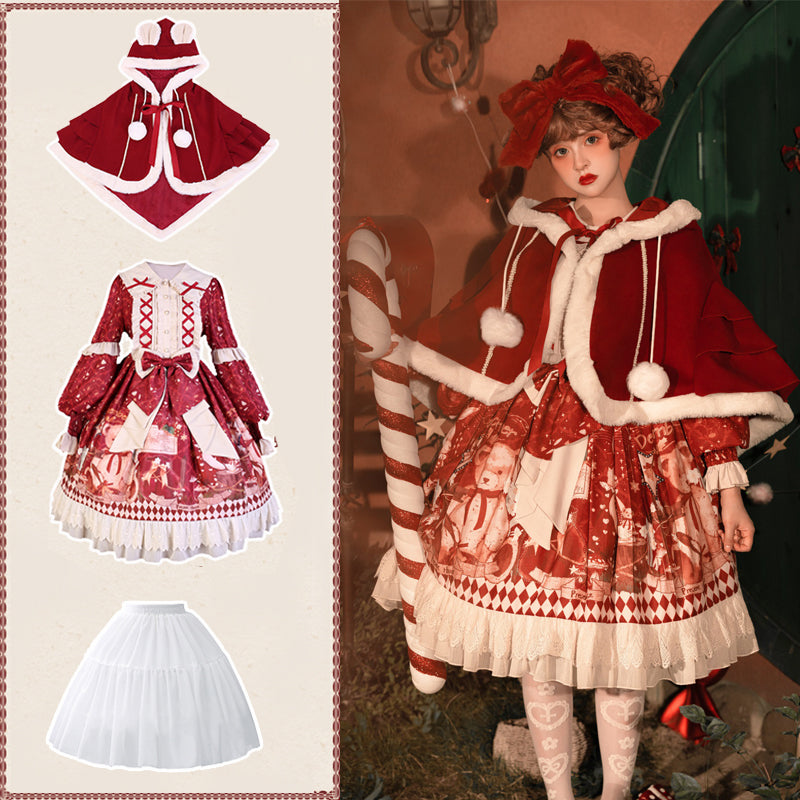 Sweet Bear Christmas Lolita Dress & Cape — Winter Christmas Party Dress, Teddy Print Princess Dress