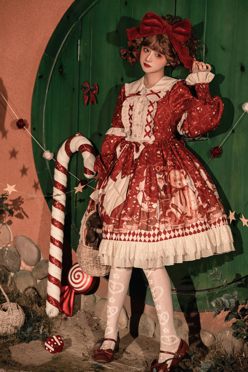 Sweet Bear Christmas Lolita Dress & Cape — Winter Christmas Party Dress, Teddy Print Princess Dress