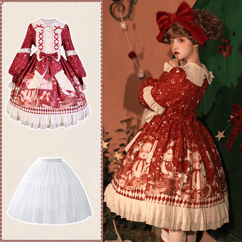 Sweet Bear Christmas Lolita Dress & Cape — Winter Christmas Party Dress, Teddy Print Princess Dress