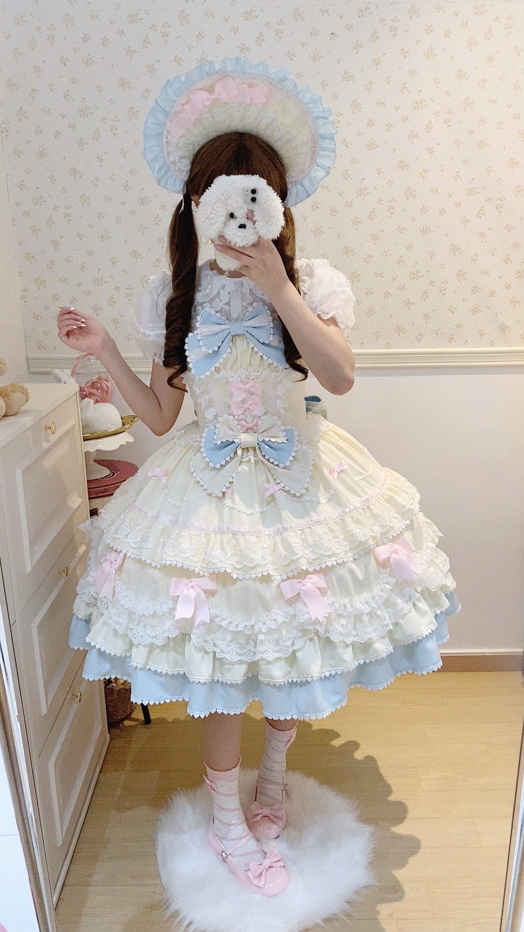 Fondant Cake Sweet Lolita JSK - Ruffle Strap Dress with Bow & Layered Skirt