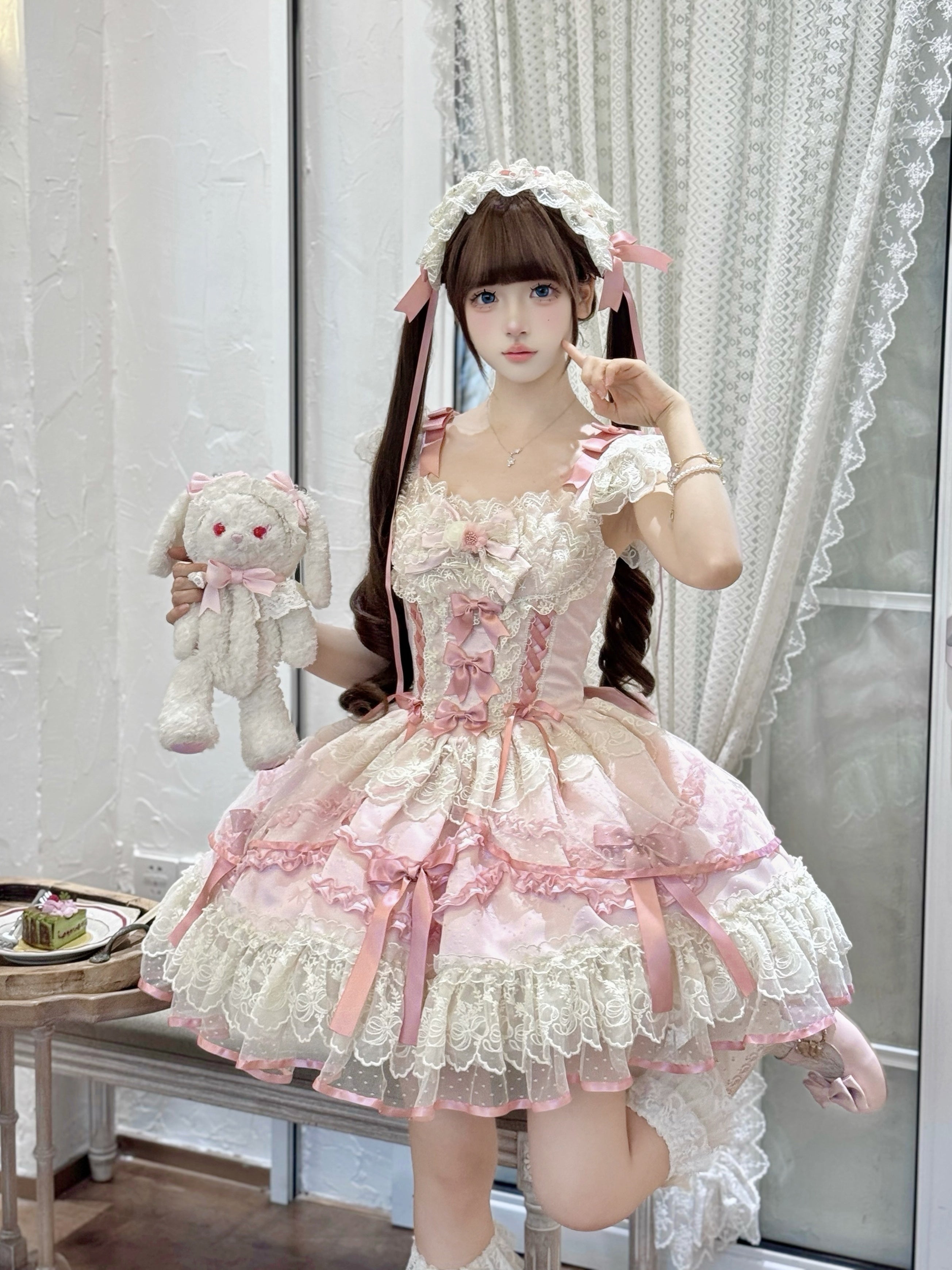 Ballet Dream Lolita JSK – Sweet Layered Cake Dress with Lace & Stretch Waist