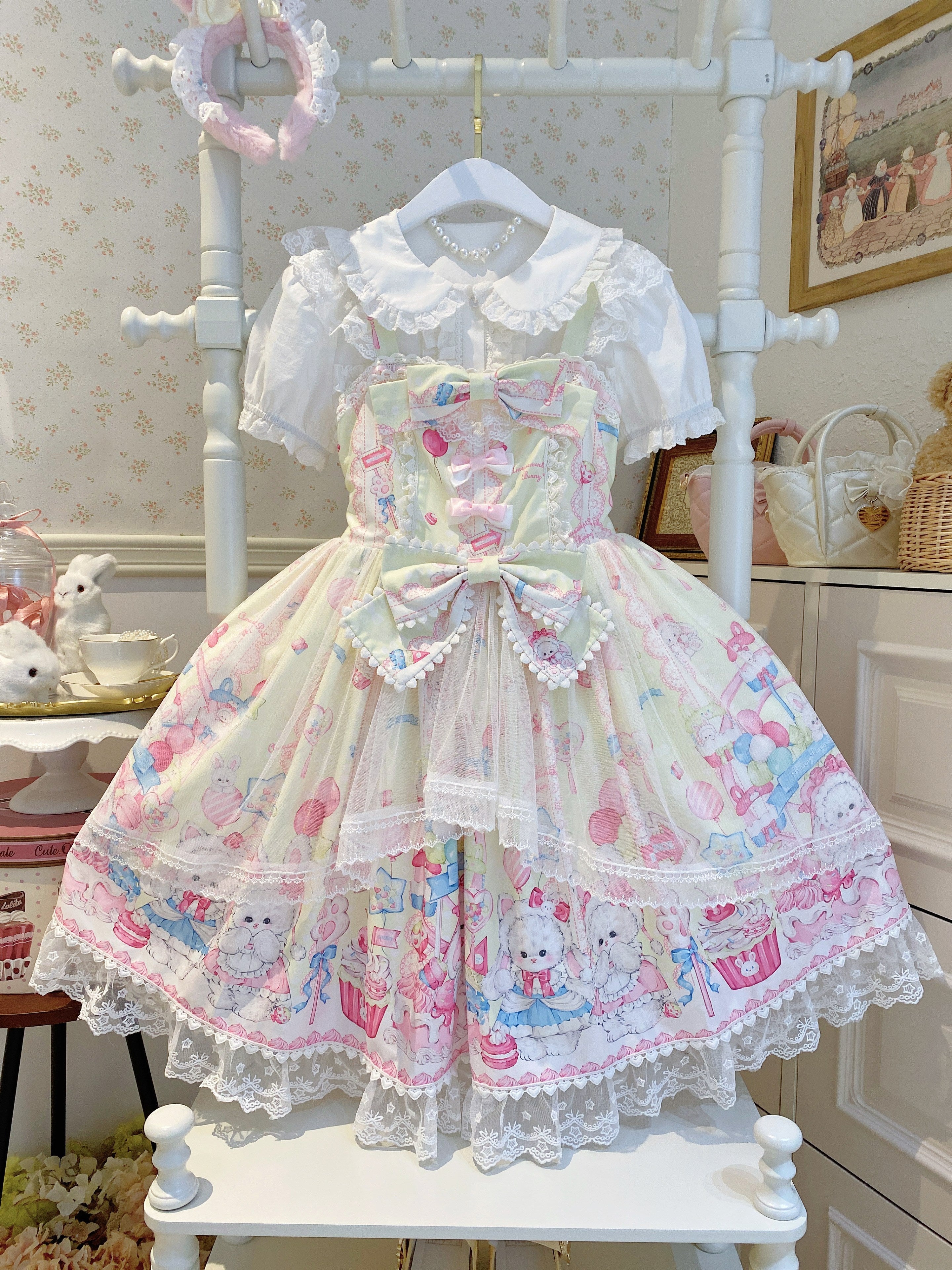 Bunny Sweet Cake Lolita JSK – Cute Pink Print Dress with Lace & Bows