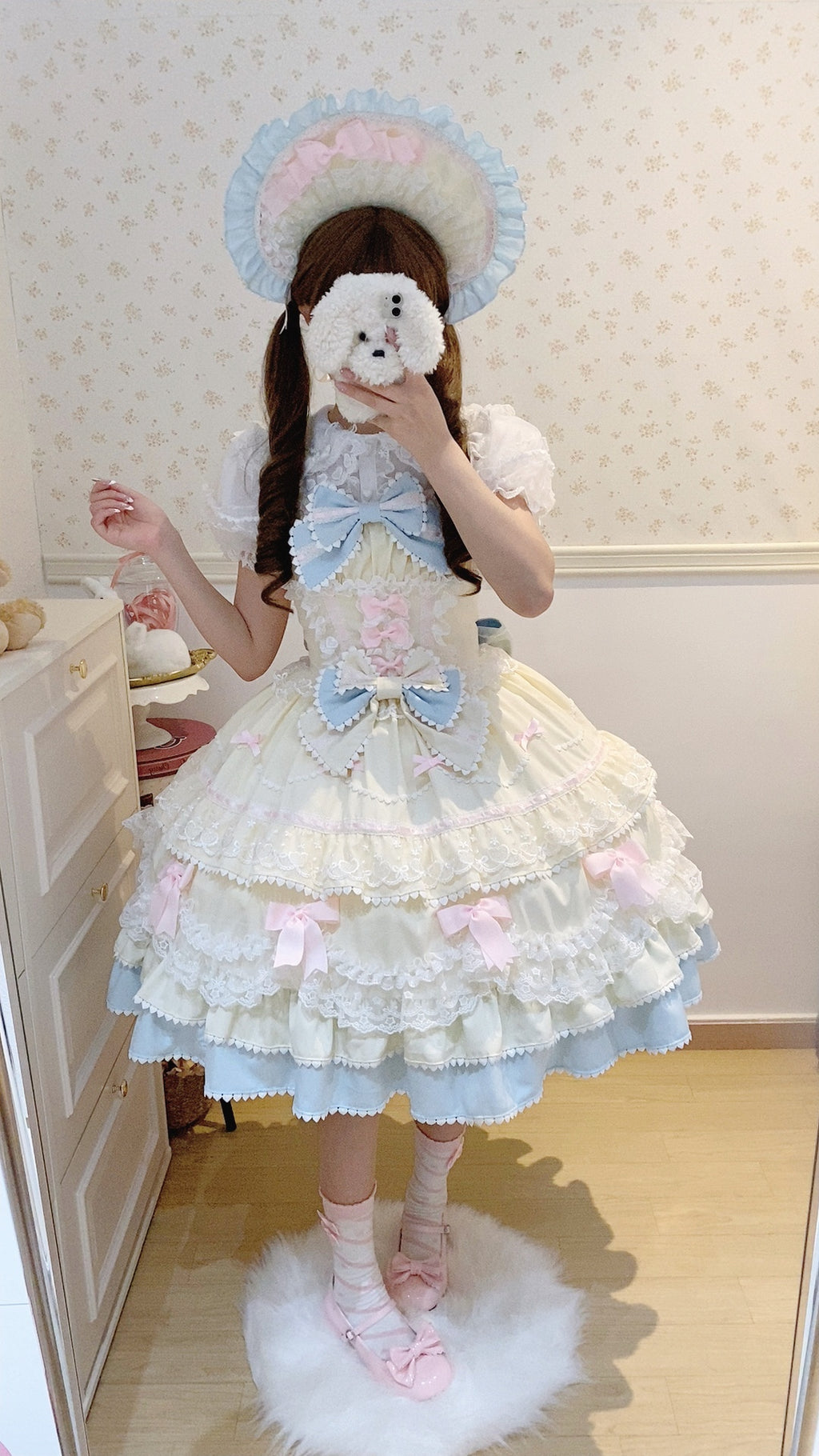 Fondant Cake Sweet Lolita JSK - Ruffle Strap Dress with Bow & Layered Skirt